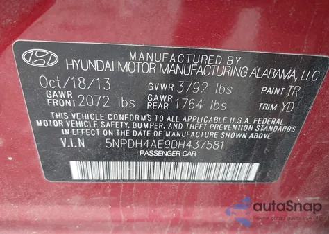 2013 Hyundai Elantra Gls из США, поврежденный, VIN 5NPDH4AE9DH437581
